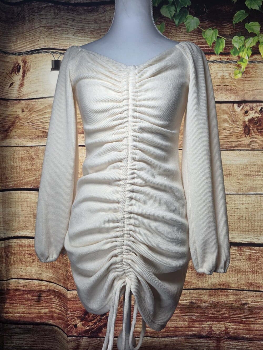 Cream Long-Sleeve Ruched Mini Dress